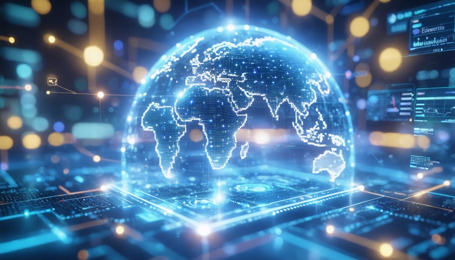 Financial professionals working together with AI technology and data analytics on computer screens