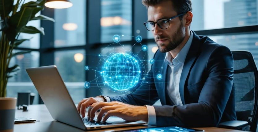 Finance professional at a laptop with subtle glowing network lines suggesting AI matching, in a glass-walled office with a blurred city skyline and colleagues in the background.