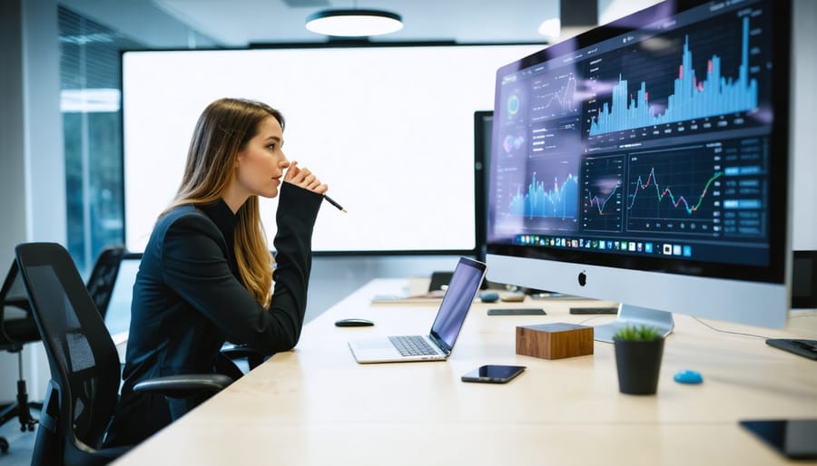 Professional woman working confidently at desk with documents and laptop in modern office setting