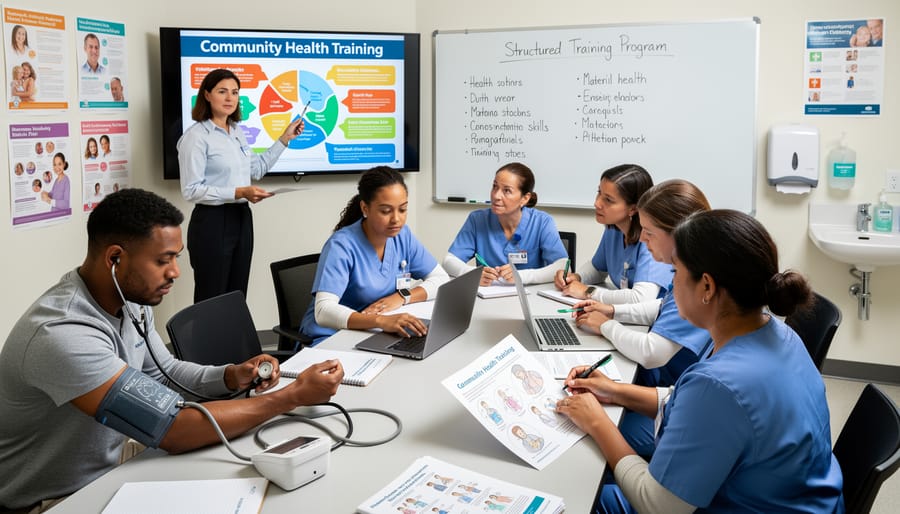 Diverse group of trainees in community health worker education program classroom setting