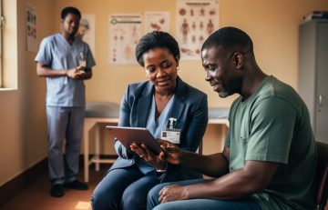 Community health worker reviews a care plan on a tablet with a patient at a clinic table as a clinician observes in a softly blurred background, natural side daylight and warm tones emphasizing a supportive interaction.
