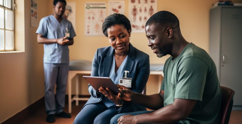 Community health worker reviews a care plan on a tablet with a patient at a clinic table as a clinician observes in a softly blurred background, natural side daylight and warm tones emphasizing a supportive interaction.