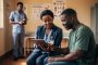 Community health worker reviews a care plan on a tablet with a patient at a clinic table as a clinician observes in a softly blurred background, natural side daylight and warm tones emphasizing a supportive interaction.