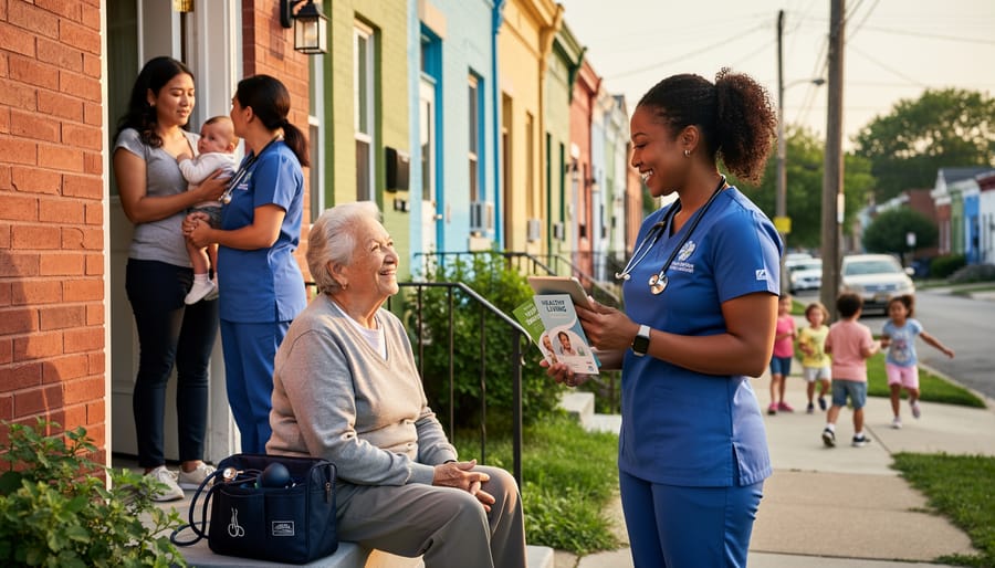Community health worker in scrubs visiting elderly patient in home setting