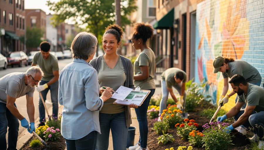 A community change agent helps residents during an outdoor neighborhood cleanup near a community center.