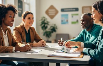 Diverse group of changemakers meeting at a community center table, sharing notes and collaborating as one person organizes documents for a hiring role, with no readable text.