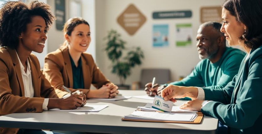 Diverse group of changemakers meeting at a community center table, sharing notes and collaborating as one person organizes documents for a hiring role, with no readable text.