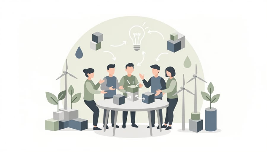 Cross-functional employees reviewing hands-on sustainability prototypes on a desk