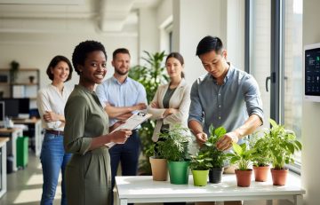 Diverse employees collaborating on sustainability in a bright modern office with potted plants and eco-friendly supplies, representing an employee green team.