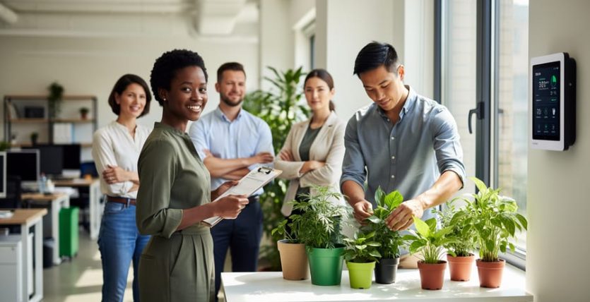 Diverse employees collaborating on sustainability in a bright modern office with potted plants and eco-friendly supplies, representing an employee green team.