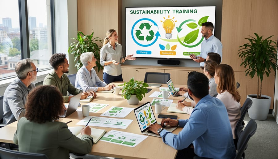 Employee leading a sustainability workshop with colleagues seated in an office