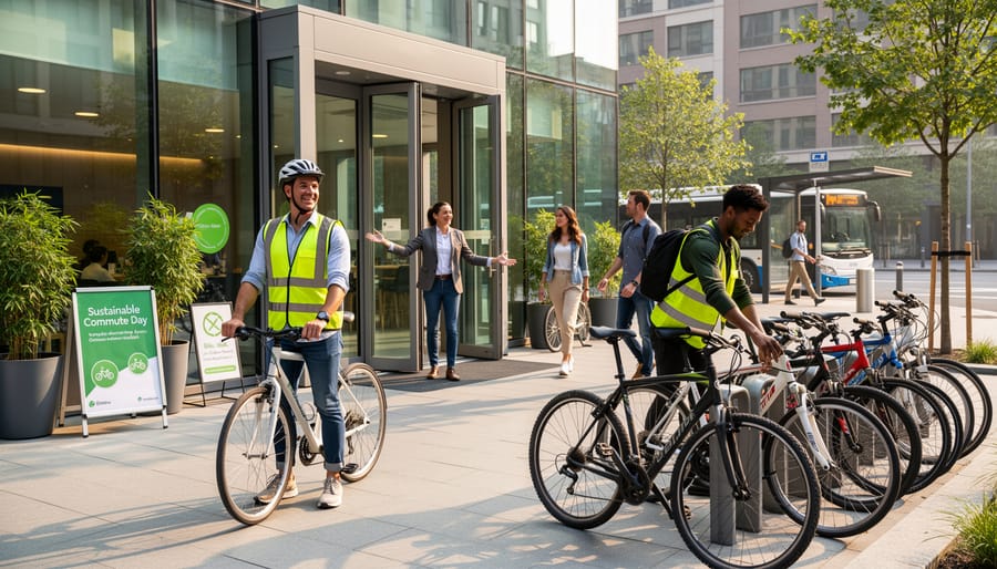 Employee preparing for a bike commute next to a bicycle rack outside an office building