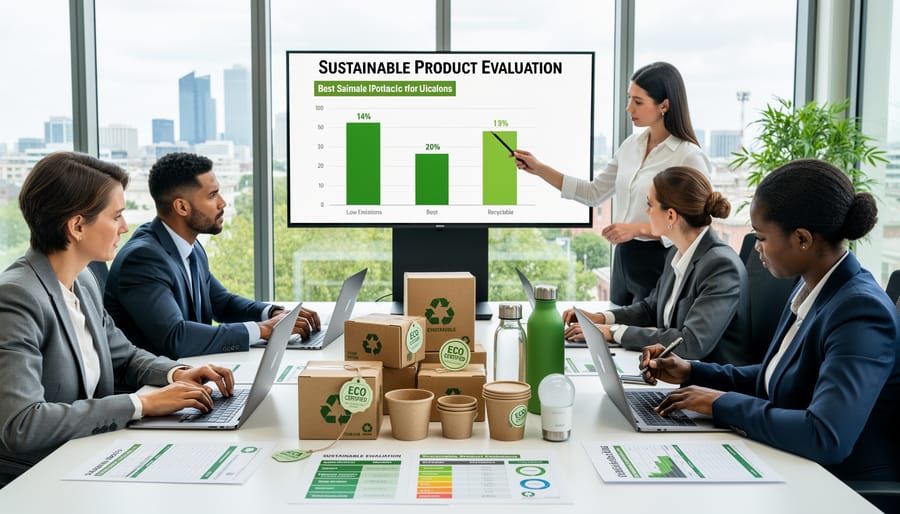 Employee reviewing sustainable office supply samples in a supply room