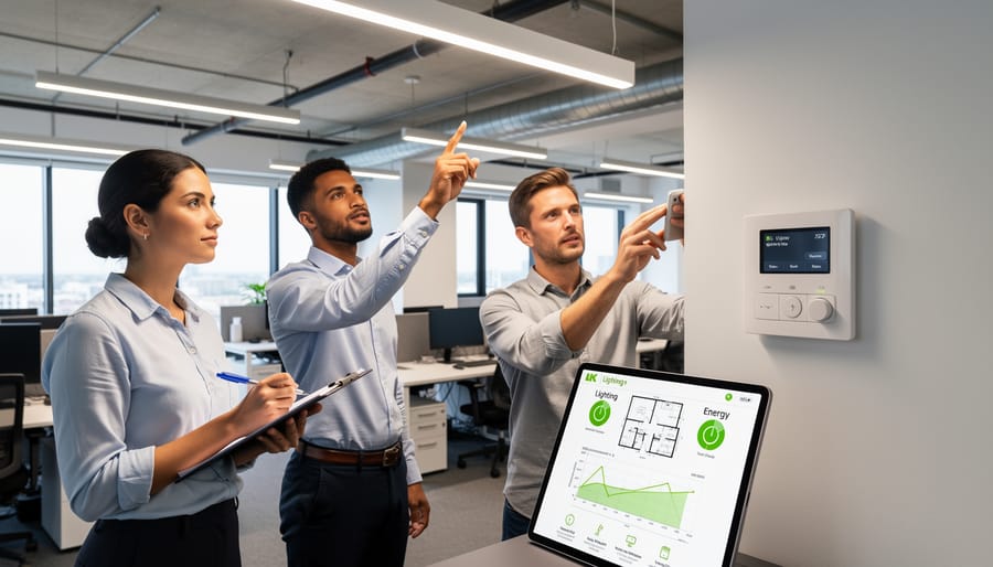 Employees inspecting office lighting and temperature controls during an energy efficiency audit