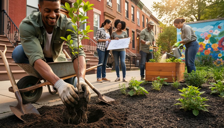 Employees planting a young tree together in a park