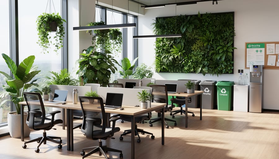 Modern office lobby with potted plants and an eco-friendly recycling station