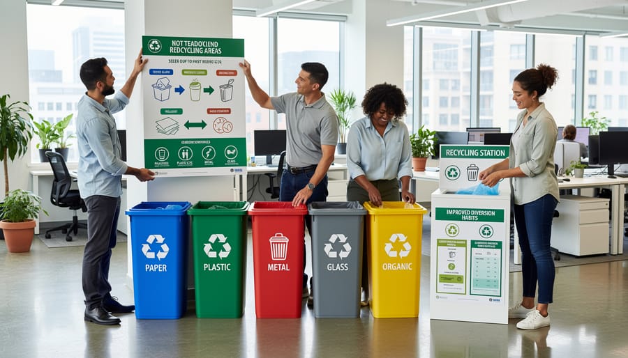 Office workers organizing recycling containers at a breakroom recycling station
