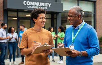A mission-driven community change agent team prepares an outreach event in an urban community, with two leaders sharing a conversation and smiling in natural daylight.
