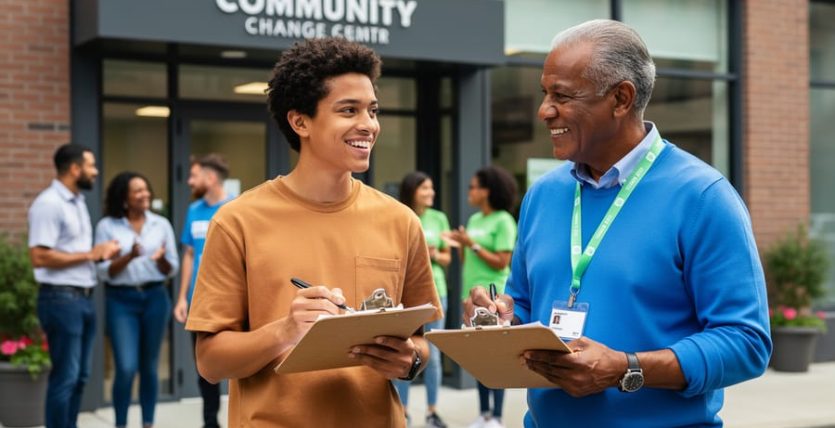 A mission-driven community change agent team prepares an outreach event in an urban community, with two leaders sharing a conversation and smiling in natural daylight.