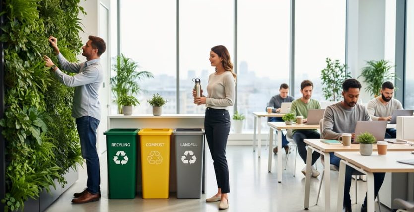 Diverse employees in a modern office participate in eco-friendly workplace initiatives, including caring for indoor plants and using reusable and recycling items.
