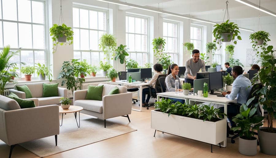 Employees in a modern office moving through a space with abundant indoor plants and natural light
