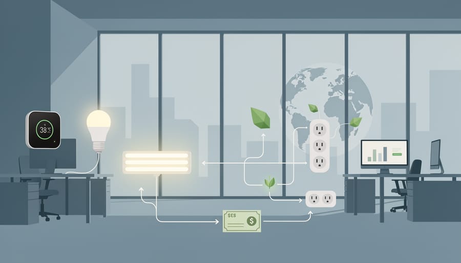 Laptop and energy-efficient devices on a desk with natural light reflections and blurred office background