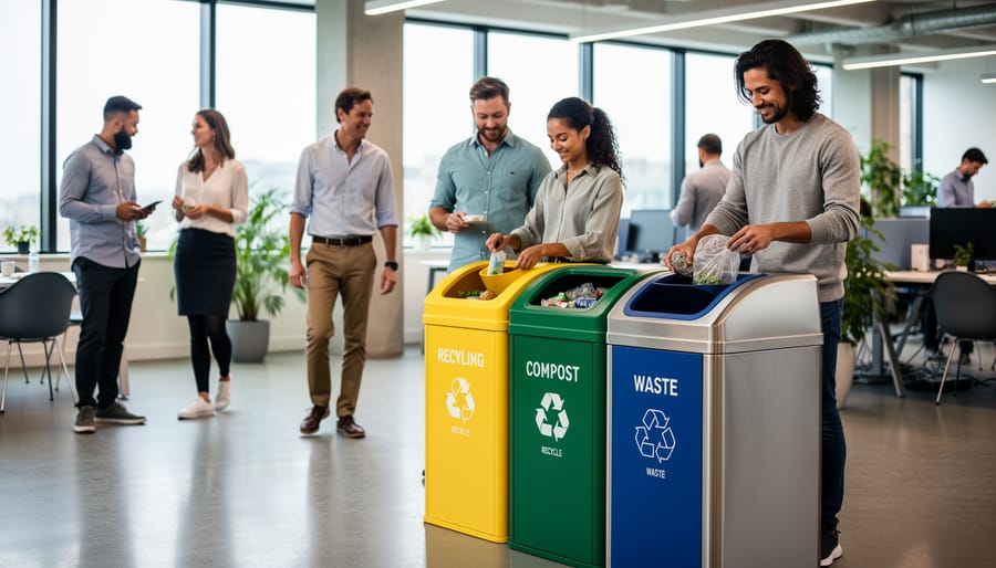 Hands placing a reusable cup into an office recycling bin area