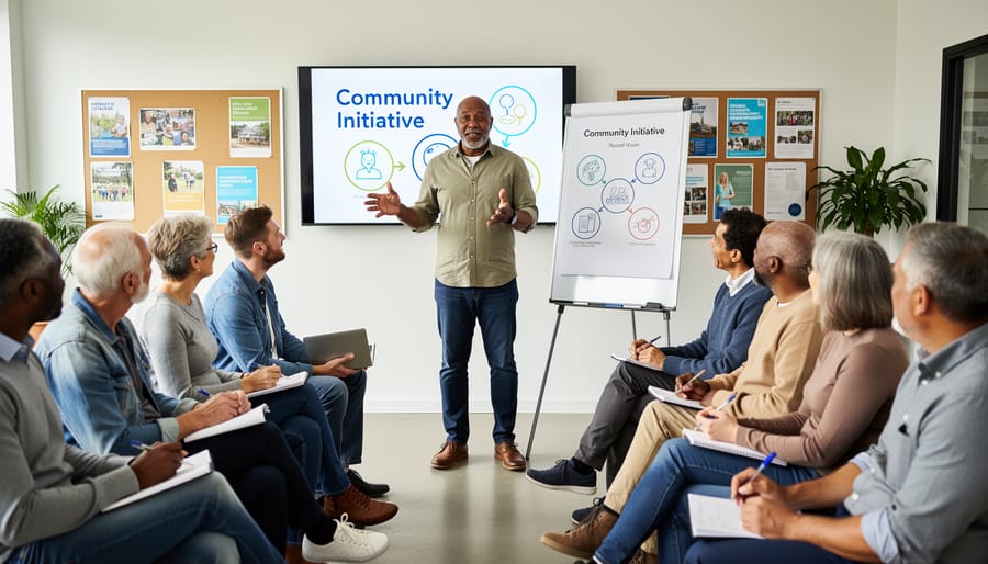 A presenter speaking with a microphone to an engaged audience at a community event.