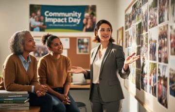 Diverse nonprofit program director and teammates in a community planning meeting, collaborating and listening around shared community materials with no readable text.