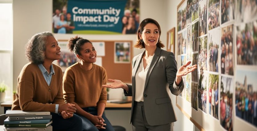 Diverse nonprofit program director and teammates in a community planning meeting, collaborating and listening around shared community materials with no readable text.