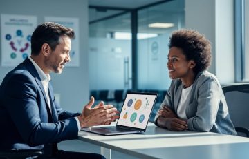 HR manager and employee in a modern office discussing workplace wellness and responsible online gambling support.