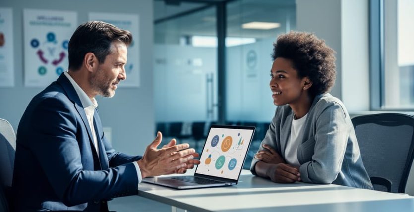 HR manager and employee in a modern office discussing workplace wellness and responsible online gambling support.