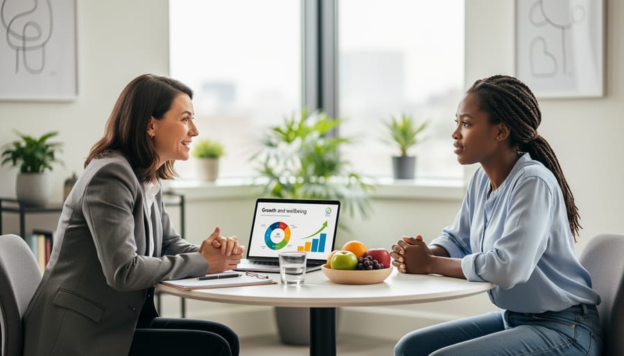HR professional and manager having a supportive conversation with an employee at a table in an office