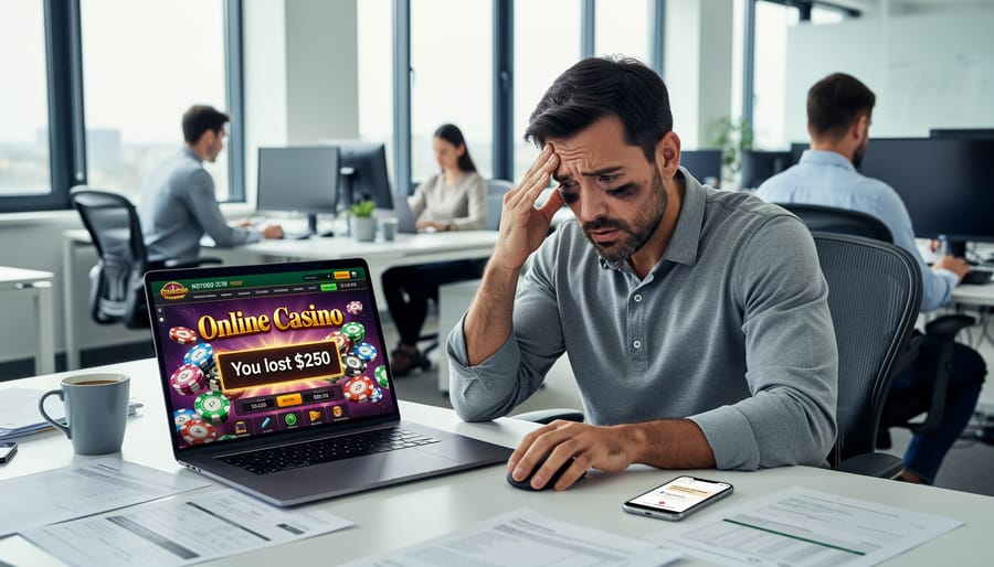 Stressed employee sitting at a desk with head in hands while the laptop screen glow reflects off the face