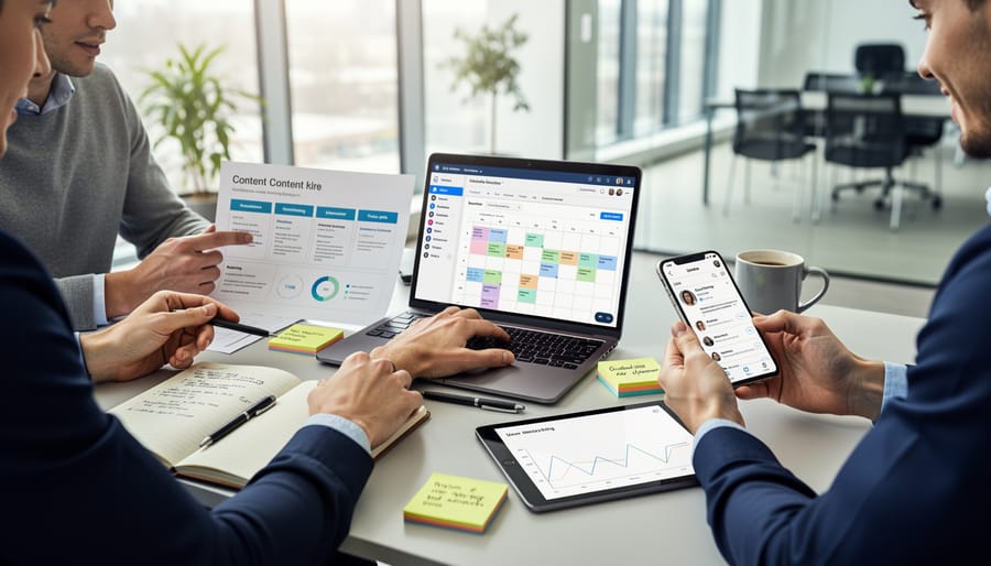 Close-up of hands working with a smartphone and notebook to plan professional networking content