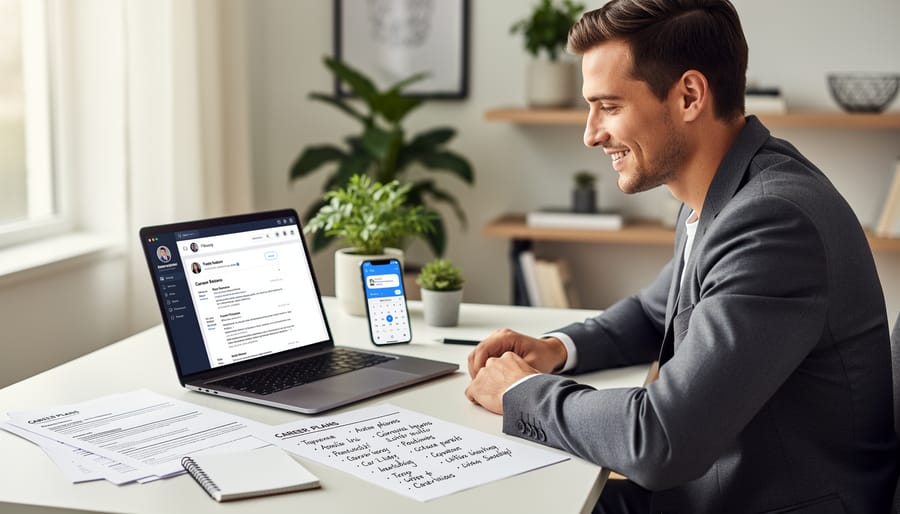 Person in a blazer working on job search materials at a desk with a smartphone and laptop nearby