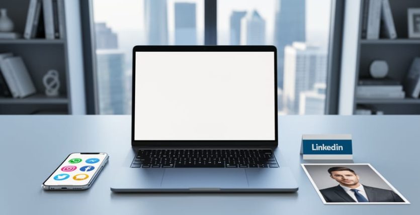 A modern desk with a laptop and smartphone representing professional social media branding for job searching, with a printed headshot nearby.